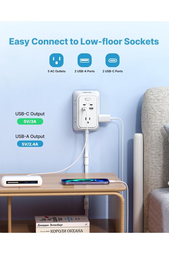 -Electrical Outlet Extender, 36in Short Power Strip with 5 AC and 4 USB Ports(2 USB C), 1800J Surge Protector, Access Hard-to-Reach Outlets, Use Behind Couches, Nightstands, Desks, White
