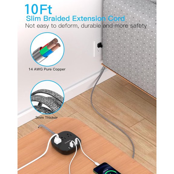 KEFENL-Flat Plug Power Strip, 5ft Ultra Flat Extension Cord - 3 Outlets 4 USB Ports (2 USB C) 22.5W/4.5A Desktop Charging Station, No Surge Protection for Cruise Ship, Dorm Room Travel Essentials