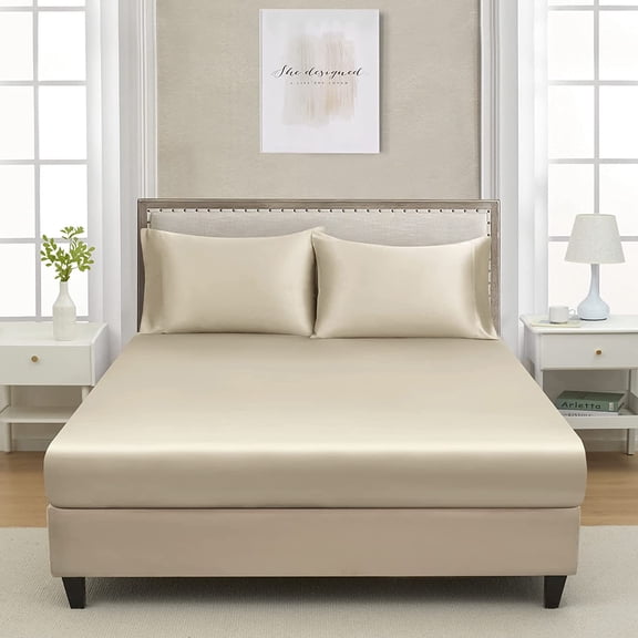 KEFENL-Full Silk Satin Fitted Sheet, Soft Deep Pocket Single Bottom Bed Sheets Sold Separately, Wrinkle Free, Non- Fading, Breathable, Fully Elasticized(Full Size, Taupe)