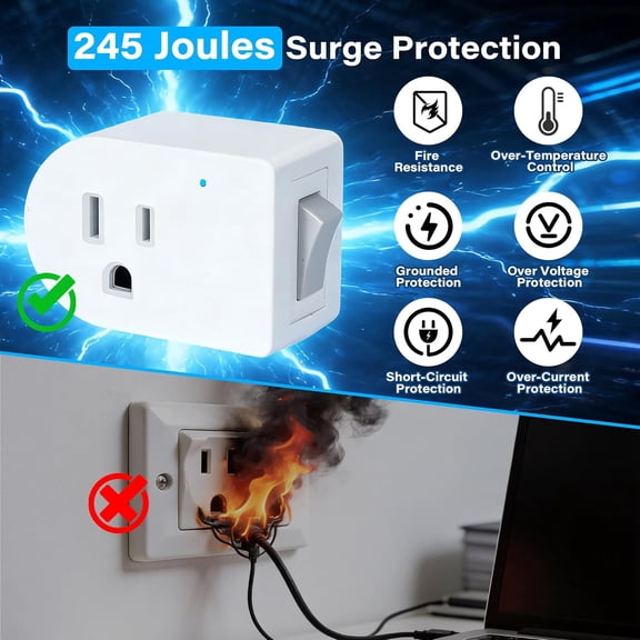 KEFENL-Grounded Outlet Surge Protector with ON/Off Switch 1 Pack,3 Prong Electrical Plug Outlet Extender Switch, 245J Single Port Surge Protector Wall Tap Adapter with Indicator Light,15A / 1875W,Wh