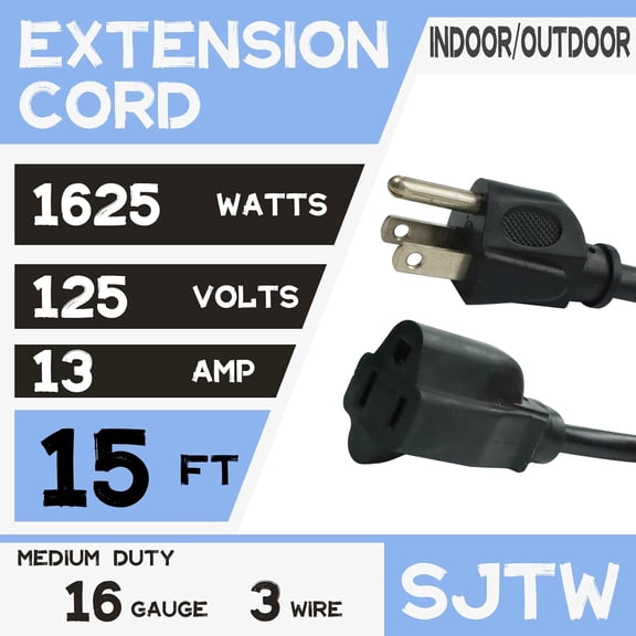 KEFENL-Heavy Duty Outdoor Extension Cord Waterproof - 15 Ft Extension Cords with 3 Prong Grounded Plug, 16/3 SJTW 13A 1625W Black Extension Cable for Lawn, Garden, Appliances, Lights