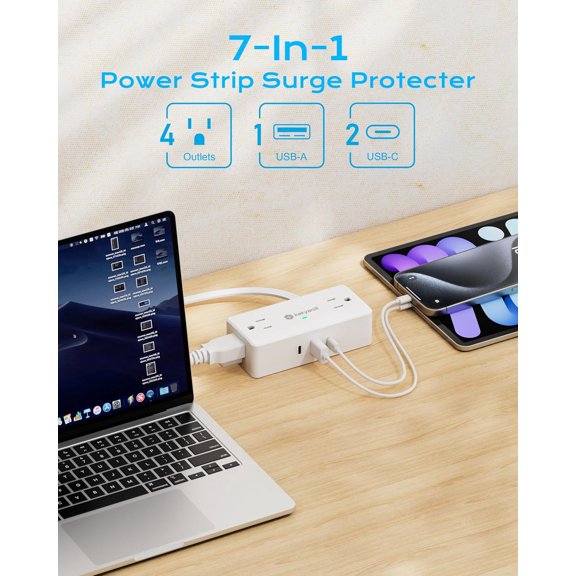 KEFENL-Kakyanill Surge Protector Power Strip, 10 ft Flat Extension Cord with 4 Outlets 3 USB Ports (2 USB C), Flat Plug Power Strip with 900 Joules Protection, Suitable for Home Office Dorm Room, Wh