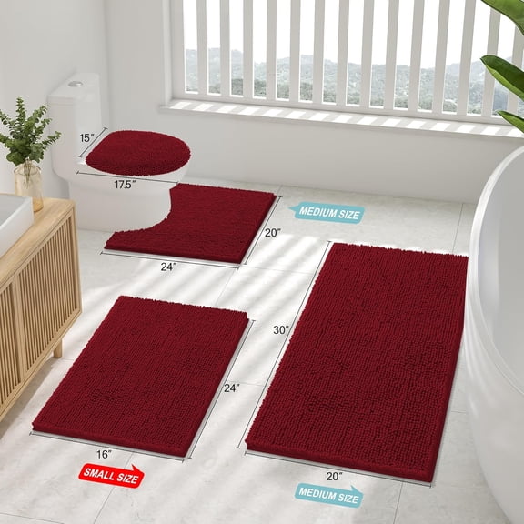 KEFENL-Luxury Chenille Toilet Rugs U-Shaped 24x20, Soft Absorbent Non-Slip Contour Bathroom Rugs for Toilet, Machine Washable Contoured Bath Mats, Red