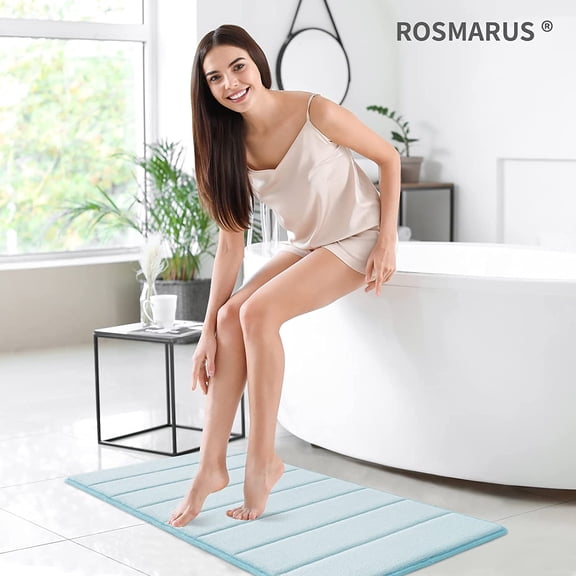 KEFENL-Memory Foam Bath Mat 17' x 24', Water Absorbent Shower Mat, Thick Non Slip Bath Rugs with PVC Backing, Ultra Soft Bathroom Rugs for Floor & Tub, Aqua Blue