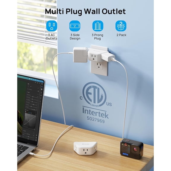 KEFENL-Multi Plug Outlet Extender 2 Pack - Electrical Wall Splitter, 3 Way Angled Wall Outlet Adapter, Cruise Essentials, ETL Listed, Small Multiple Plug Expander for Bathroom Kitchen Office, White