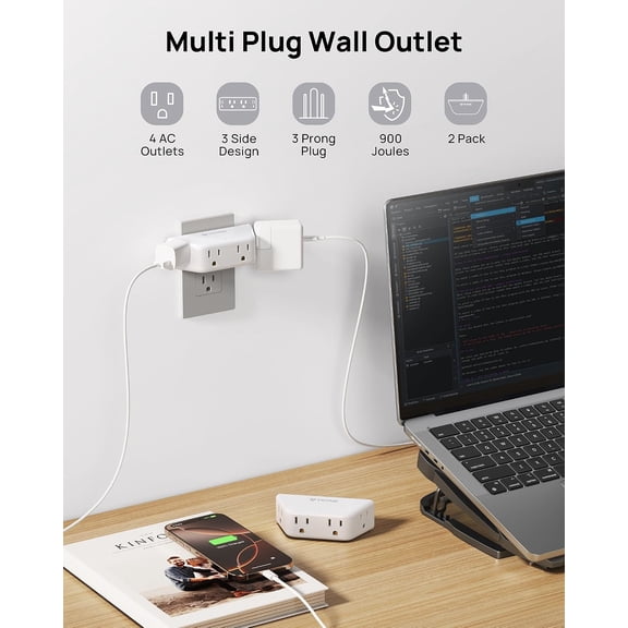 KEFENL-Multi Plug Outlet Extender 2 Pack - Surge Protector Outlet with 4 Grounded Sockets, 3 Way Angled Plug Splitter, 900J, Multiple Wall Adapter for Home Office Travel Dorm Room, White