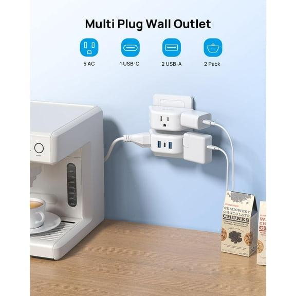 KEFENL-Multi Plug Outlet Extender with USB - 2 Pack Wall Splitter, 3 Way Angled Outlet Adapter, Cruise Essentials, Small Multiple Expander for Cruise Ship Travel Home Office Dorm Room