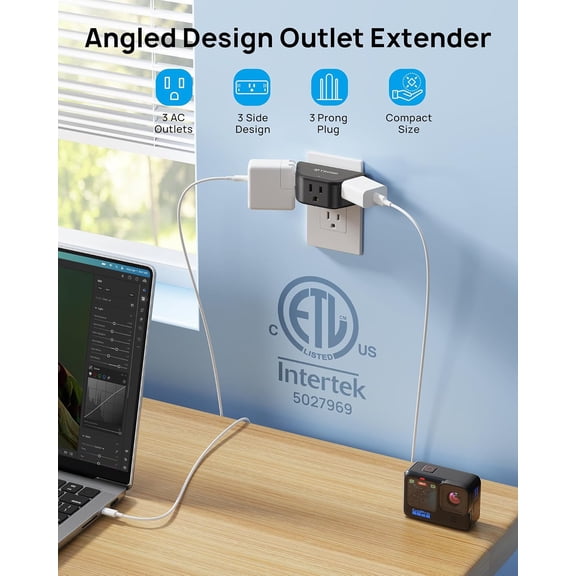 KEFENL-Outlet Extender - 3 Prong Grounded Plug Extension Outlet, 3 Way Angled Wall Plug Splitter, Cruise Ship Essentials, Multiple Expander with 3 Electrical Sockets for Bathroom, Kitchen, Black