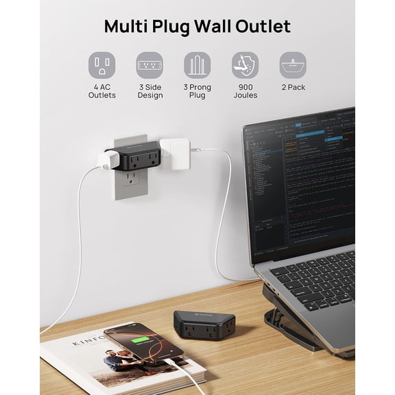 KEFENL-Outlet Extender Surge Protector 2 Pack - Multi Plug Wall Outlet with 4 Grounded Sockets, Angled Wall Plug Splitter, 900J, Multiple Adapter for Home Office Travel Dorm Room, Black