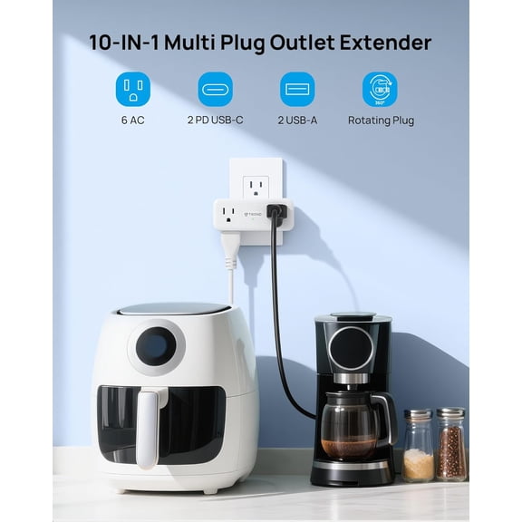 KEFENL-Outlet Extender Surge Protector with 360 Rotating Plug, Multi Plug Wall Outlet with 6 Grounded Sockets and PD20W USB C Charger, 900J, Sideways Plug Adapter for Tight Space in Kitchen Bathroom