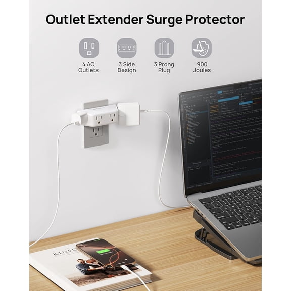 KEFENL-Outlet Extender Surge Protector - Multi Plug Wall Outlet with 4 Grounded Sockets, 3 Way Angled Plug Adapter, 900J, Electrical Wall Splitter for Bathroom Kitchen Office, White