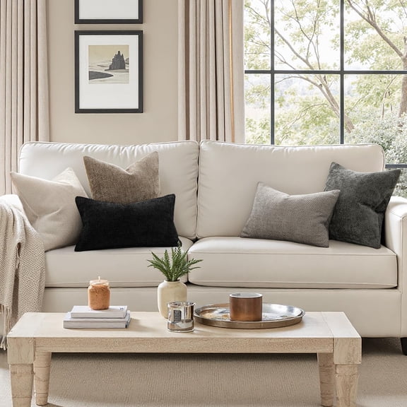 KEFENL-Pack of 2 Couch Throw Pillow Covers 18x18 Inch Neutral Beige Modern Boho Accent Decorative Pillow Covers Soft Chenille Farmhouse Cushion Covers for Home Decor Bed Sofa Living Room