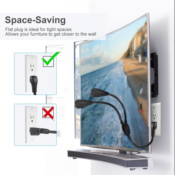 KEFENL-Power Cord Extension Y Splitter - 1 to 2 Way Outlet Adapter NEMA 5-15P 90-Degree Flat Plug to 2 X NEMA 5-15R with SJT 16AWG 3-Prong Cable Wire Extender Space Saver for Kitchen Home Office