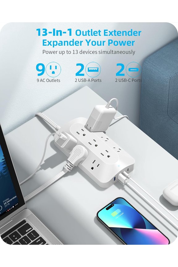 -Power Strip Surge Protector, Ultra Thin Extension Cord 5ft, 9 Outlets with 4 USB (2 USB C) for Multiple Devices, Outlet Extender for Home, Office, Dorm Essential, White