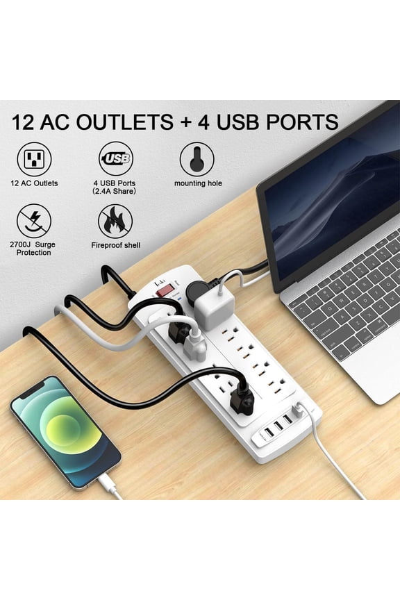 -Power Strip, Surge Protector with 12 Outlets and 4 USB Ports, 6 Feet Extension Cord for Home, Office, Dorm Essentials, 2700 Joules, (White)