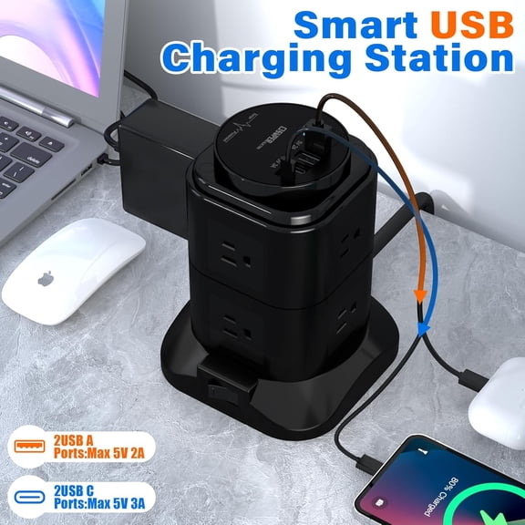 KEFENL-Power Strip Tower by , Extension Cord with USB Timer,8 AC Outlets with 4 USB Ports (2 USB C), 1200J Surge Protector 6.56ft Heavy-Duty Extension Cord for Home Office Dorm