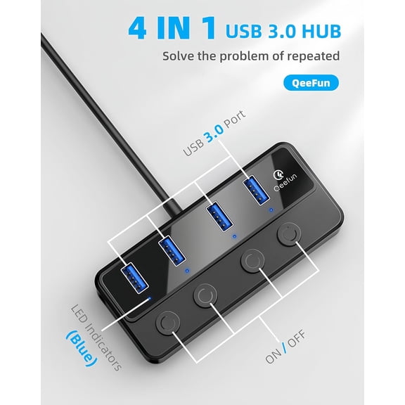 KEFENL-Qeefun 4-Port USB 3.0 Hub, Individual LED Power Switches, Multiport Splitter with 4ft Extension Cable, USB Extender for Laptop, PC, USB Flash Drives, iMac and More