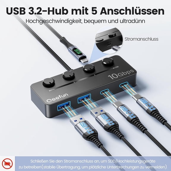 KEFENL-Qeefun 4-Port USB 3.2 Hub with 2 USB-C and 2 USB-A Ports, Individual LED Power Switches,10Gbps Data Transfer USB Splitter with 4ft Extension Cable, Multiple USB Extender for Laptop, PC, iMac
