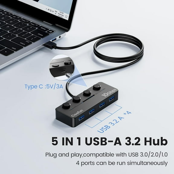 KEFENL-Qeefun 4-Port USB 3.2 Hub, Individual LED Power Switches, 10Gbps Data Transfer USB 3.2 Gen 2 Splitter with 4ft Extension Cable, Multiple USB Extender for Laptop, PC, iMac, USB Flash Drives an
