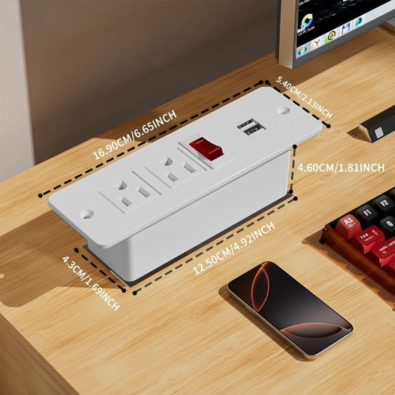 KEFENL-Recessed Power Strip with Switch Flush Mount Hidden Charging Station with USB Plug Multiple Surge Protector Outlet Extender with Extension Cord for Furniture Nightstand Bed Conference Table (