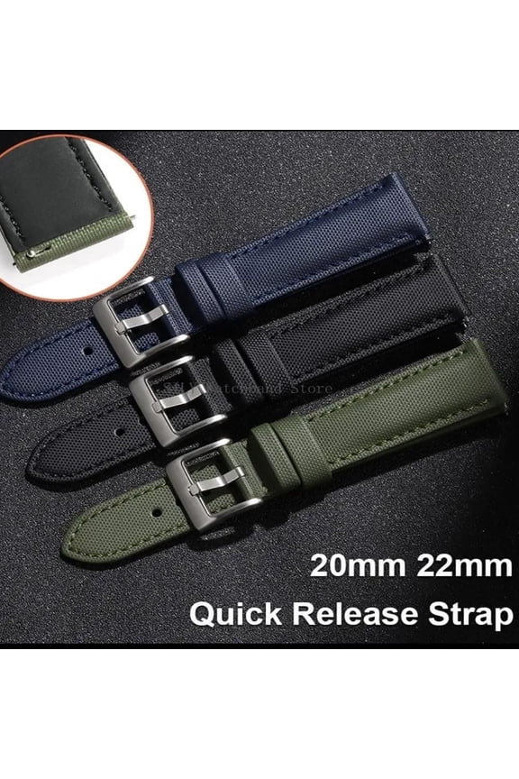 -Sailcloth Waterproof Watch Strap Nylon Pattern Cow Leather Wristwatch Band Quick-Release Spring Bars, Brushed Stainless Buckle, 20mm, 22mm