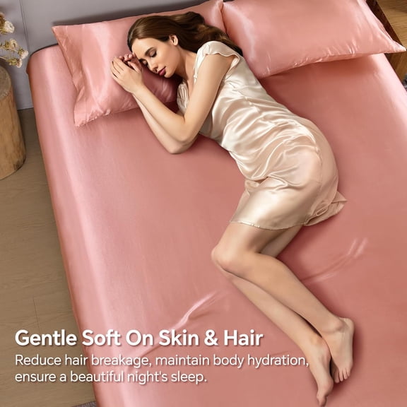 KEFENL-Satin Fitted Sheet King with Elastic Corner Straps, Luxury Soft Silk-Like Bed Sheet for Hair & Skin, 1 Deep Pocket Fitted Sheet Only Fits 15" Mattress, Fade & Wrinkle Resistant, Rose Pink