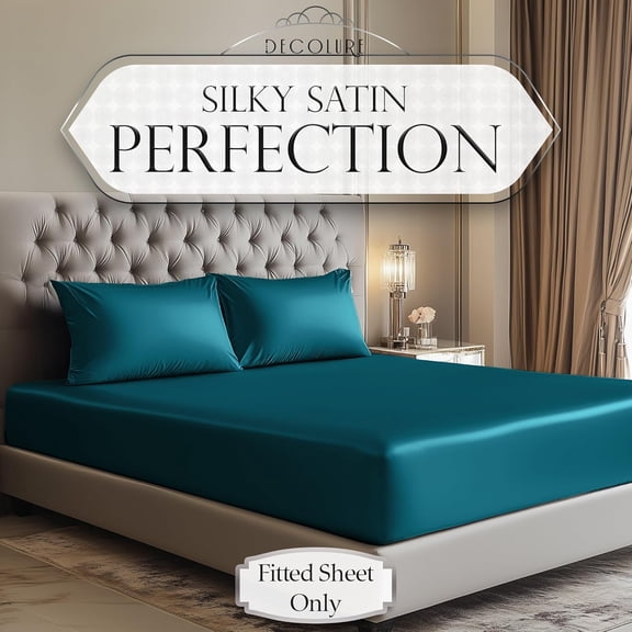 KEFENL-Satin Fitted Sheet Queen Size (1 PC)  Luxuriously Smooth & Softer Than Silk Bed Sheets w/ 15 Inch Deep Pocket Hypoallergenic Wrinkle Free, Secure Snug Fit, Elastic Corner Straps (Sea Teal)