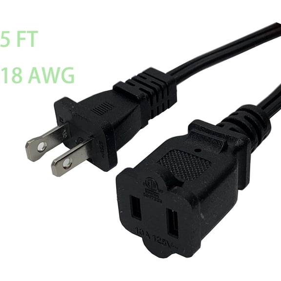 KEFENL-Short Extension Cord 5 Ft, 2 Prong Male Female Extension Cords, Black 18 AWG 10 A 125 V Power Cord Cable for Nema 1-15P to 1-15R 2 Pack