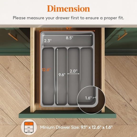 KEFENL-Silverware Drawer Organizer Tray, Plastic Cutlery Storage for Kitchen, Flatware and Utensil Holder Divider for Spoons Forks Knives Tableware, 9.1 x 12.6", 5 Slots, Gray