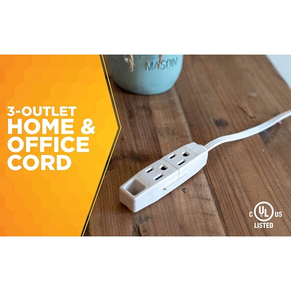 KEFENL-Slimline Flat Plug Extension Cord, 6Ft, 16 Gauge, 3 Conductor, 3-Outlet, White, 35178801
