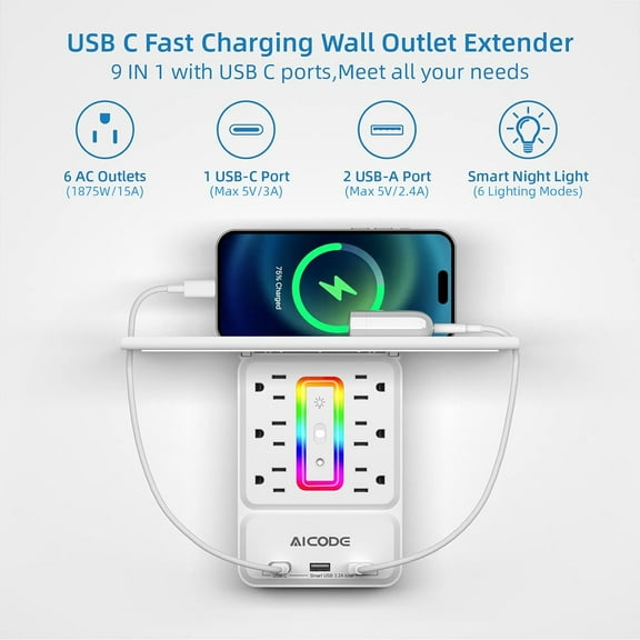 KEFENL-Socket Outlet Shelf,Wall Outlet Extender Surge Protector with Nightlight,6 Outlets with 3 USB Ports(1 USB C) Plug Expander Charger Shelf with Storage for Home,Dorm
