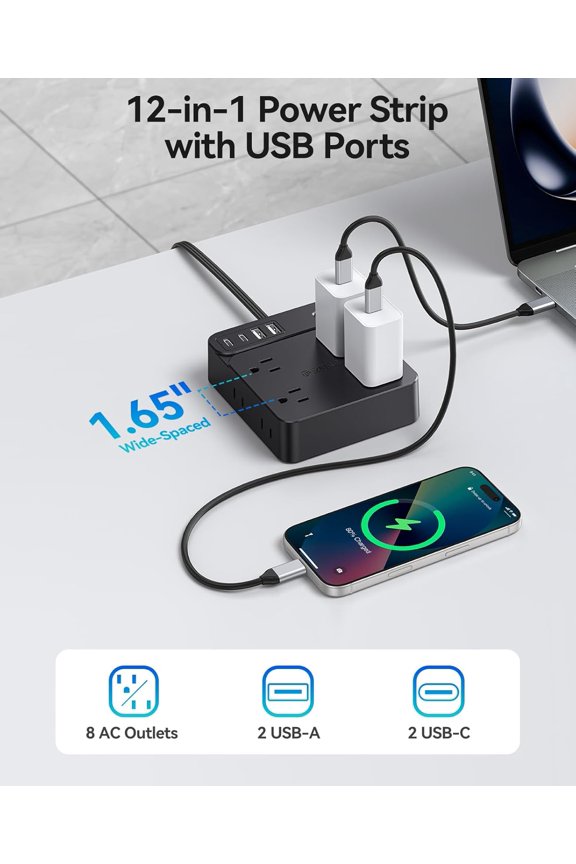 -Surge Protector Extension Cord, 12 in 1 Power Strip with 8 AC Outlets 2 USB-A and 2 USB-C Ports, 5 ft Flat Plug Power Strip, Mountable Outlet Extender for Dorm/Office/Home- SP1