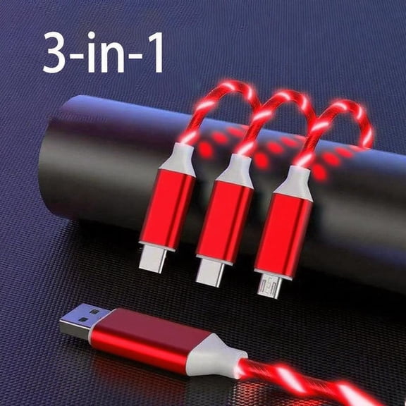 KEFENL-Three in one USB Cable, Multifunctional Interface, Supports Fast Charging, Fast Data Transfer, Compatible with Almost All Mobile Devices, red Glow in The Dark Lighting
