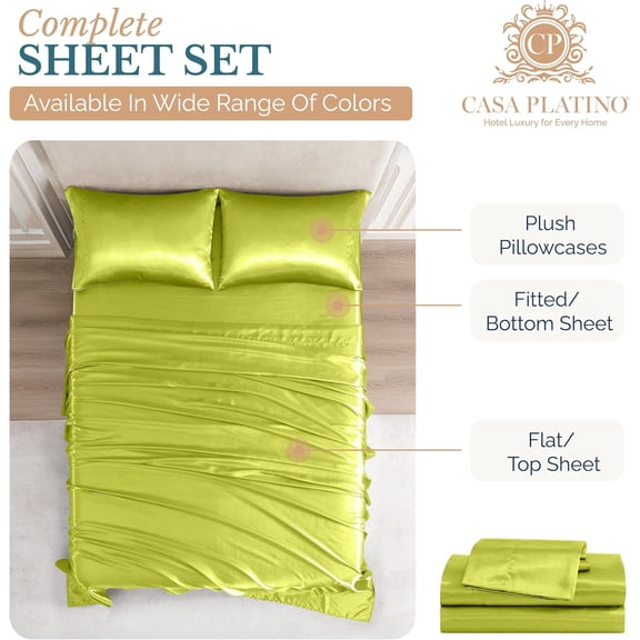 KEFENL-Twin XL Size Satin Sheets - Smooth Satin Sheets Twin XL, Cooling Fabric with 15 Inch Deep Pocket Sheet, Lightweight and Breathable, Makes for a Great Nights Sleep- Vibrant Lime Green