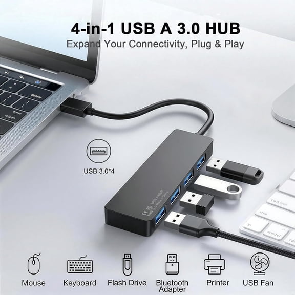 KEFENL-USB 3.0 Hub, 4-Port Multiple USB A Splitter, Plug and Play USB Extender Hub for Laptop/PC/Desktop, Mouse, Keyboard, Flash Drive, U Disk, Printer, Xbox, HDD and More  0.8FT (Not a Charger)