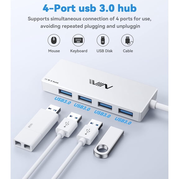 KEFENL-USB 3.0 Hub,4 Port USB Splitter Extender Portable Adapter Multiport Data Hub for Laptop,Xbox, Flash Drive,HDD,Console,Camera,Keyborad,Mouse Windows,Mac OS PC,Not Designed to Charge Devices-Wh