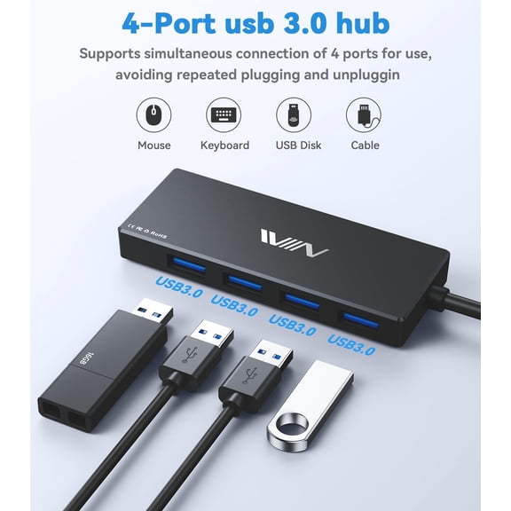 KEFENL-USB 3.0 Hub,4 Port USB Splitter Extender Portable Adapter Multiport Data Hub for Laptop,Xbox, Flash Drive,HDD,Console,Camera,Keyborad,Mouse Windows,Mac OS PC,Not Designed to Charge Devices-Bl