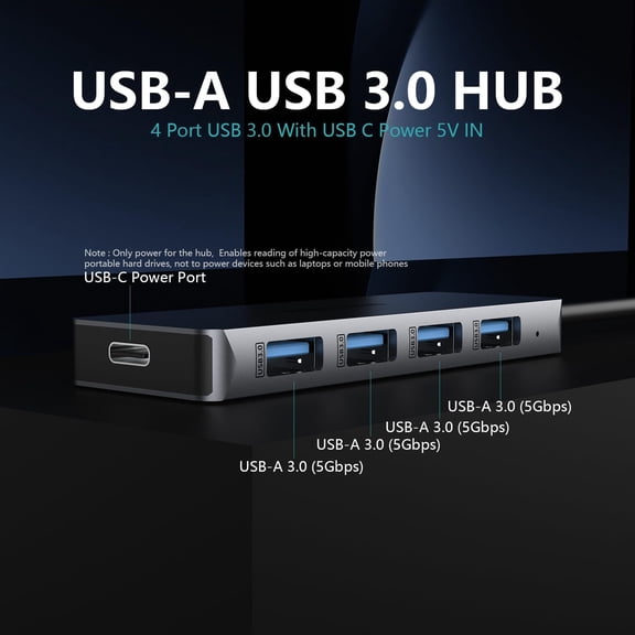 KEFENL-USB 3.0 Hub 4 Ports with USB-C Power Port, High-Speed Data Hub & Extender for Laptop, Desktop, PC - Compatible with Windows, Linux, HP (USB-A)