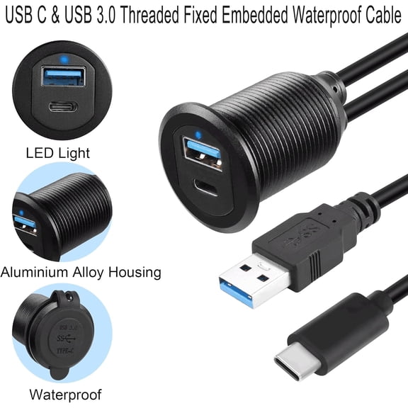 KEFENL-USB C & USB 3.0 Threaded Fixed Embedded Car Waterproof Cable 5Gbps USB3.0 & USB C Panel Mount Extension Cable,LED Light Aluminium Housing,for Instrument Panel Car Boat Motorbike,2M/6.5ft