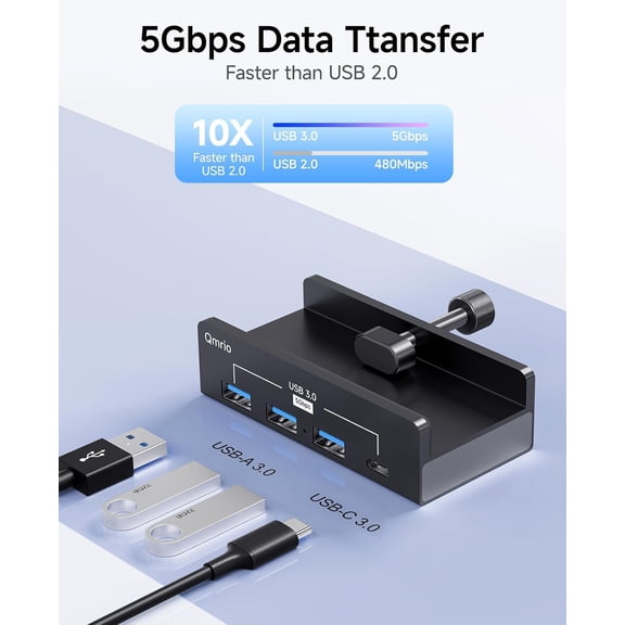 KEFENL-USB Hub 3.0, 5Gbps Clamp USB Hub for Desk/Monitors with Extra Power Supply Port, 3 USB-A Data Ports, USB-C Data Port for iMac Pro/iMac (Black)