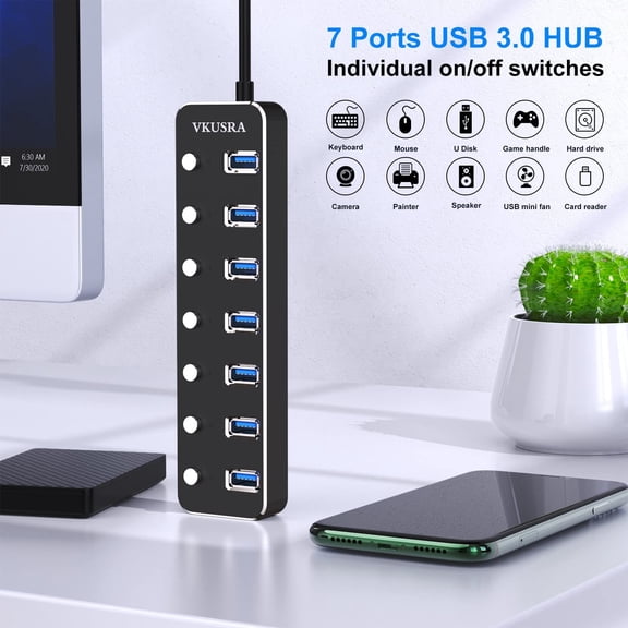 KEFENL-USB Hub, 7 Port USB Hub 3.0 with 4ft USB Long Cable, and Aluminum USB 3.0 Hub with Individual On/Off Switch and LED Indicator, USB Splitter for Laptop & PC, Power Adapter Not Included