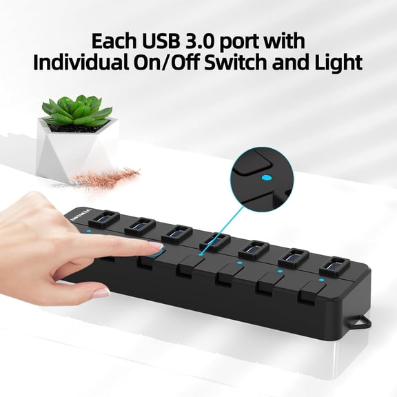 KEFENL-USB hub,7 Port USB 3.0 Hub, USB Splitter with Individual On/Off Switches and Lights, 4ft/1.2m USB HUB Long Cable, USB Extension for Laptop and PC Computer
