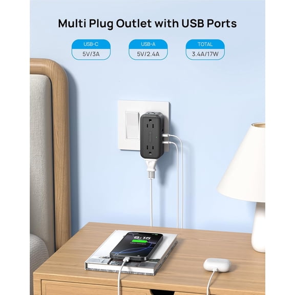 KEFENL-Wall Outlet Extender with 360 Rotating Plug, Multi Plug Wall Outlet with 4 Electrical Sockets and 4 USB Ports, 900 Joules Surge Protection, USB Charging Station for Home Office Travel, Black