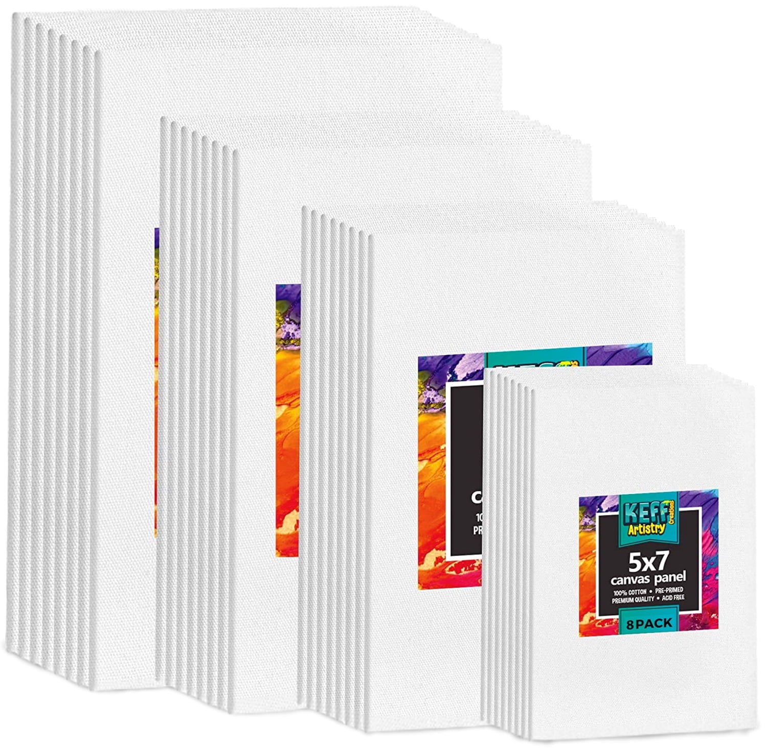 KEFF Canvas Boards for Painting - 32 Pack - Art Supplies Paint Canvas 5x7, 8x10, 9x12, 11x14 Canvas Panels, 100% Cotton Pre-Primed Canvas for Acrylic, Oil, Watercolor, Tempera