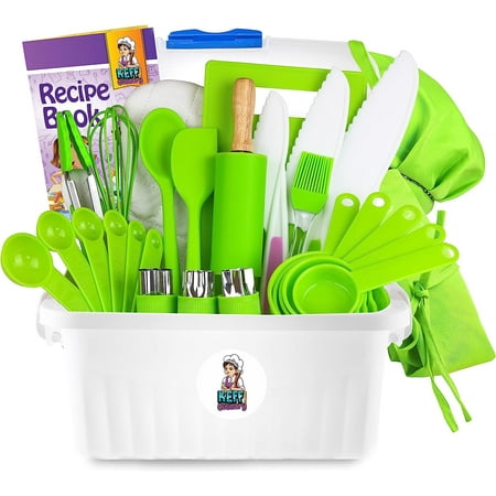 KEFF Kids Cooking and Baking Sets for Girls, Boys, Toddler with Real Kitchen Tools - Master Chef Jr Kit Includes Apron, Chef Hat, Recipe Book and More Utensils - Green