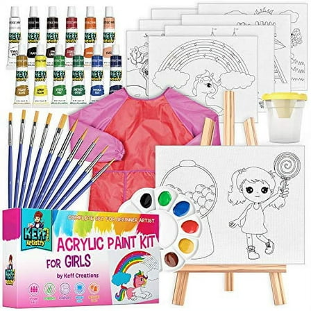 KEFF Kids Painting Set - Toddler Paint Kit with Non Toxic Acrylic Paints, Pre-Drawn Canvas Boards, Easel, Brushes, Palette & Smock for Girls and Boys