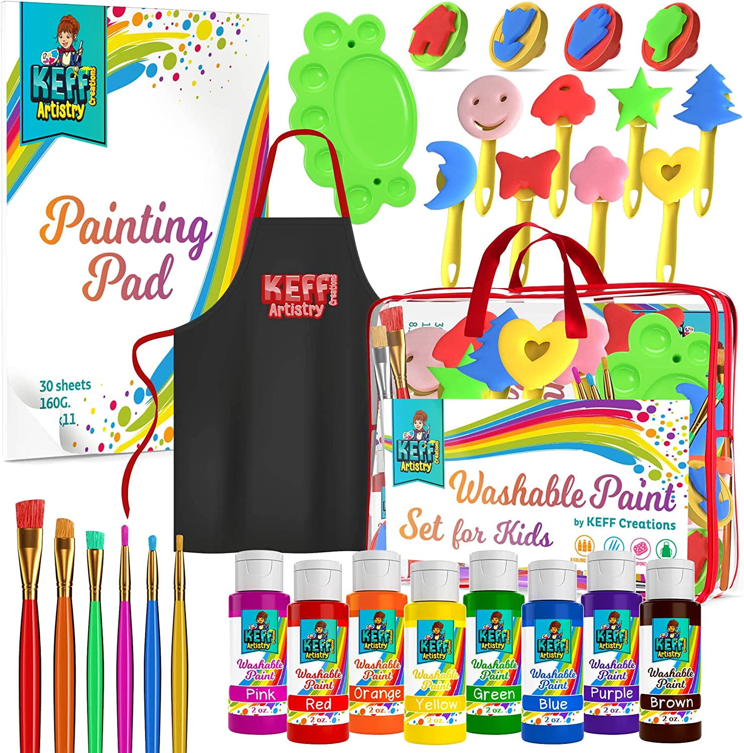 KEFF Kids and Toddler Paint Set - 33 Piece Painting Set for Toddlers with Non Toxic Washable Tempera Finger Paint, Brushes, Palette, Apron, Paper Pad & More