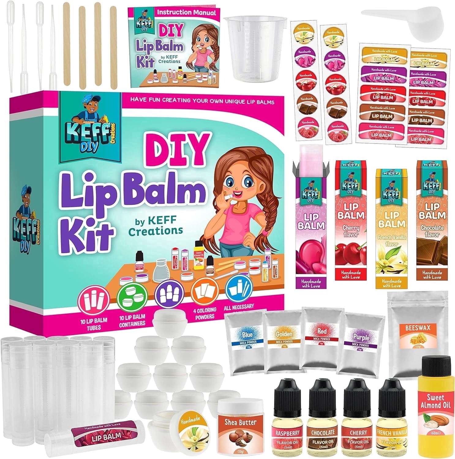 Keff DIY Lip Balm Making Kit Raspberry Scent 100% Natural for Kids Girls Teenagers 1 Pack