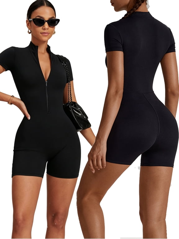 Women's Short Sleeve Zip Up Yoga Bodysuit, One Piece Slim Fit Workout Jumpsuit Romper, High Waist Athletic Bodycon Jumpsuit for Gym, Running, Fitness, Casual Daily Wear