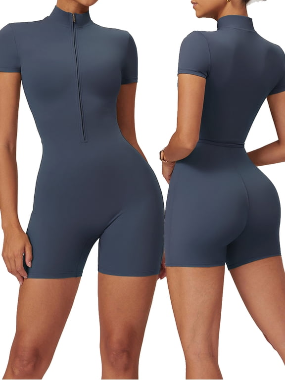 Women's Short Sleeve Zip Up Yoga Bodysuit, One Piece Slim Fit Workout Jumpsuit Romper, High Waist Athletic Bodycon Jumpsuit for Gym, Running, Fitness, Casual Daily Wear